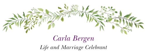Banner for top of page. Decorative leaves above, with wording saying 'Carla Bergen Life and Marriage Celebrant' underneath